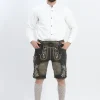 Lederhosen Men in Charcoal Black with Traditional Embroidery. Model is wearing White Traditional Shirt with Bavarian Socks and Shoes.