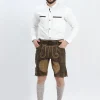 Lederhosen Men in Brown Color with Traditional Embroidery. Model is wearing White Traditional Shirt with Bavarian Socks and Shoes.