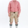 Lederhosen Men in Beige Brown Color with Traditional Green Embroidery. Model is wearing Checkered shirt and Traditional Bavarian Shoes.
