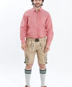 Lederhosen Men in Beige Brown Color with Traditional Green Embroidery. Model is wearing Checkered shirt and Traditional Bavarian Shoes.