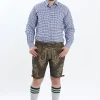 Lederhosen Men in Brown Color with Traditional Embroidery. Model is wearing Blue Checkered shirt and Traditional Bavarian Shoes.