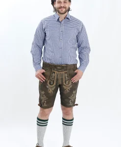 Lederhosen Men in Brown Color with Traditional Embroidery. Model is wearing Blue Checkered shirt and Traditional Bavarian Shoes.