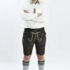 Lederhosen Men in Charcoal Black Color with Traditional Embroidery. Model is wearing white shirt and Traditional Bavarian Shoes.