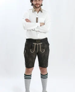 Lederhosen Men in Charcoal Black Color with Traditional Embroidery. Model is wearing white shirt and Traditional Bavarian Shoes.