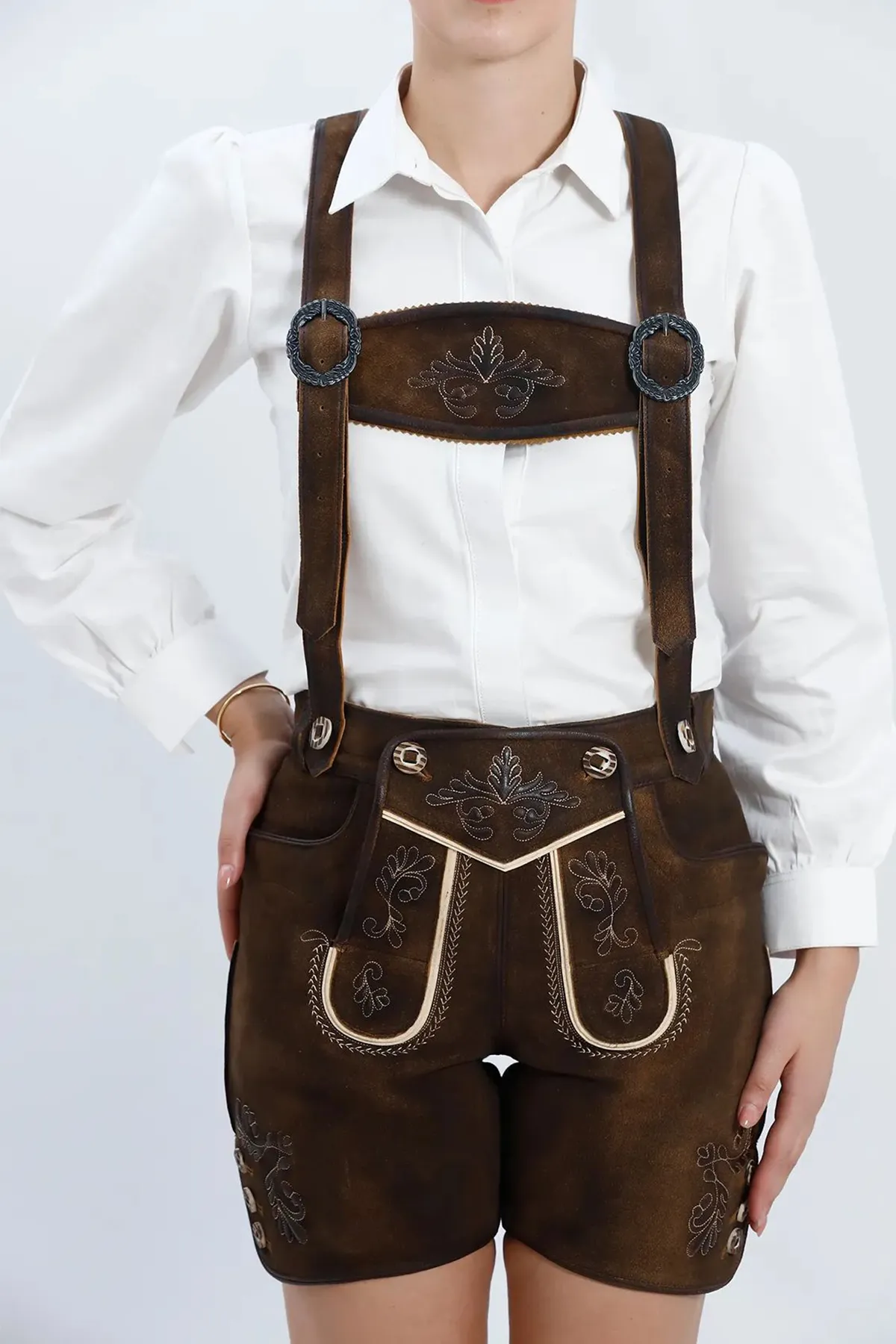 Authentic Women's Lederhosen in Vintage Brown - Image 2