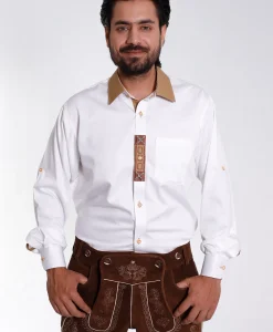 Lederhosen Men Traditional White Shirt with Embellishment on Collar and Cuffs.