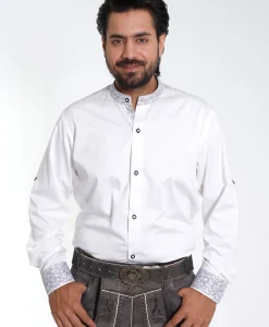 White Lederhosen Shirt with Floral Collar and Cuffs