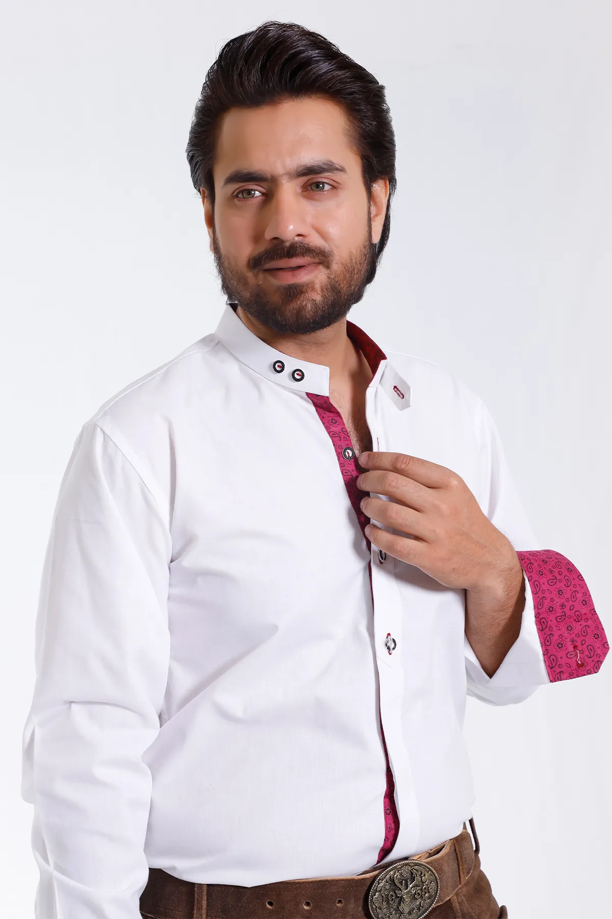 Lederhosen Men Traditional White Shirt with Embellishment on Collar and Cuffs.