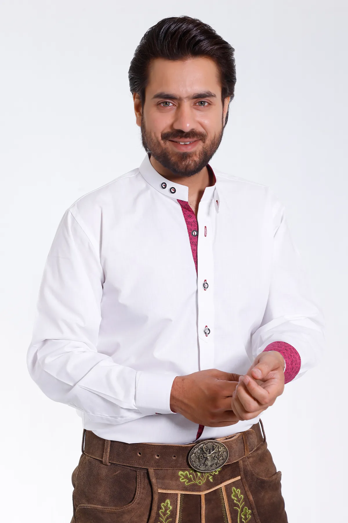 Lederhosen Men Traditional White Shirt with Embellishment on Collar and Cuffs.