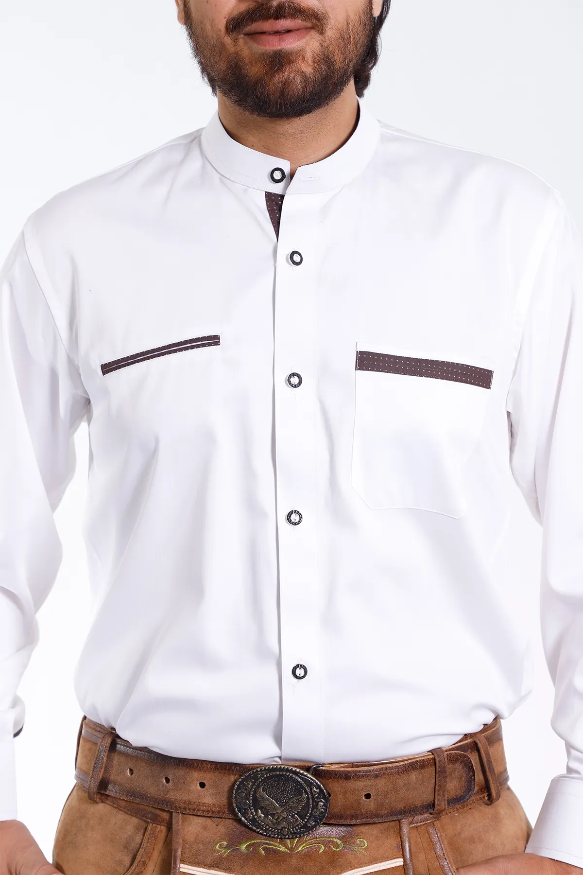 Mens White Bavarian Shirt With Brown Polka Accents - Image 4