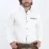 Lederhosen White Traditional Shirt with Black Strip design on Collar, Pocket and front.