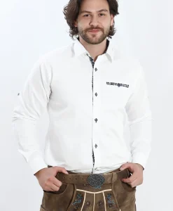 Lederhosen White Traditional Shirt with Black Strip design on Collar, Pocket and front.