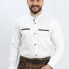 Lederhosen White Traditional Shirt with Brown Pattern Design on Collar, Pockets and Front Button Strip.