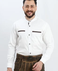 Lederhosen White Traditional Shirt with Brown Pattern Design on Collar, Pockets and Front Button Strip.