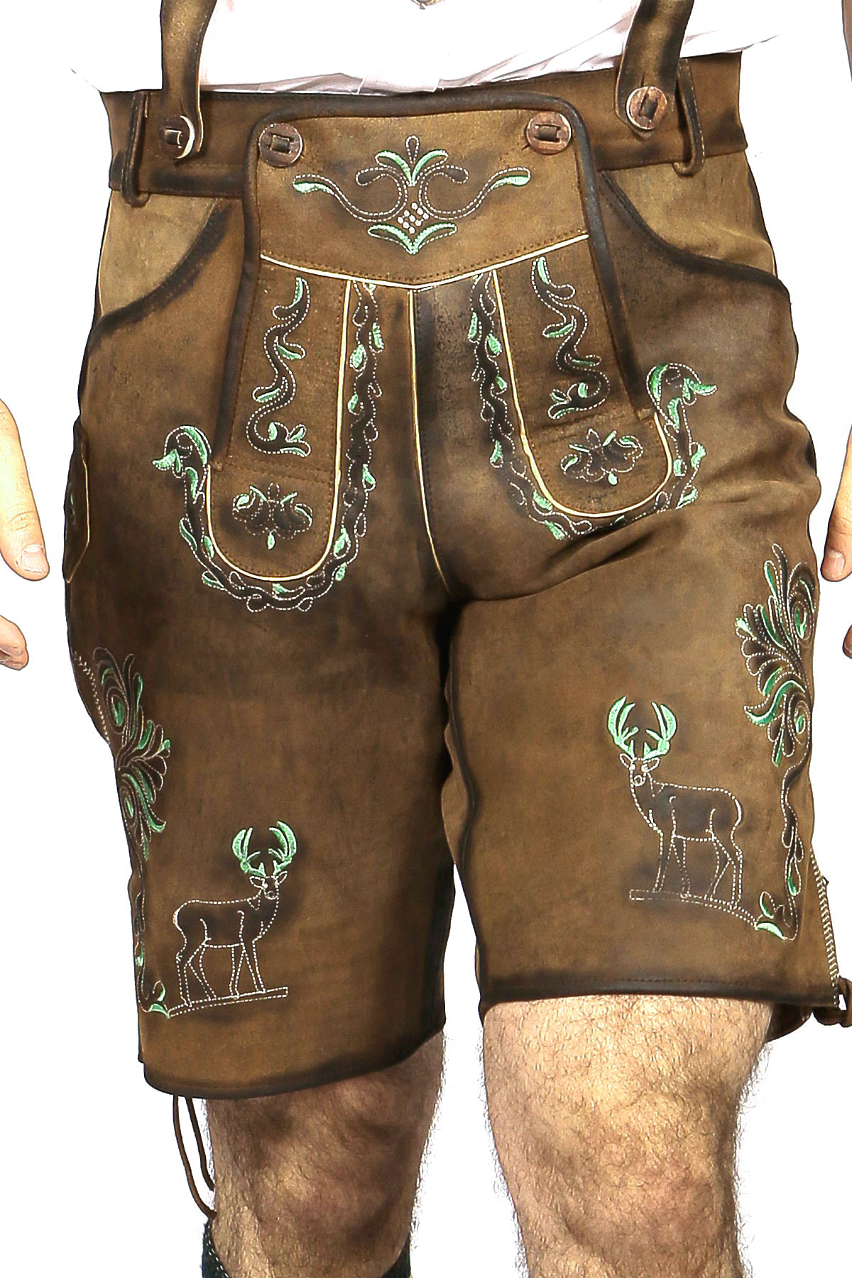 Mens Lederhosen Brown Green Deer Motifs - Image 3