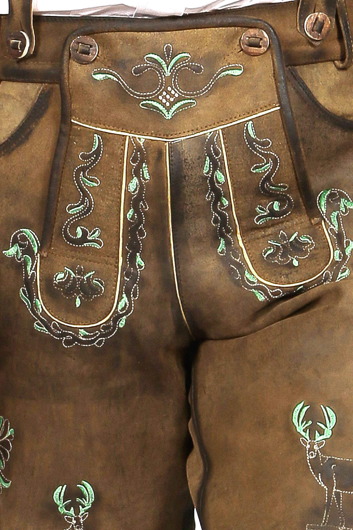 Mens Lederhosen Brown Green Deer Motifs - Image 4