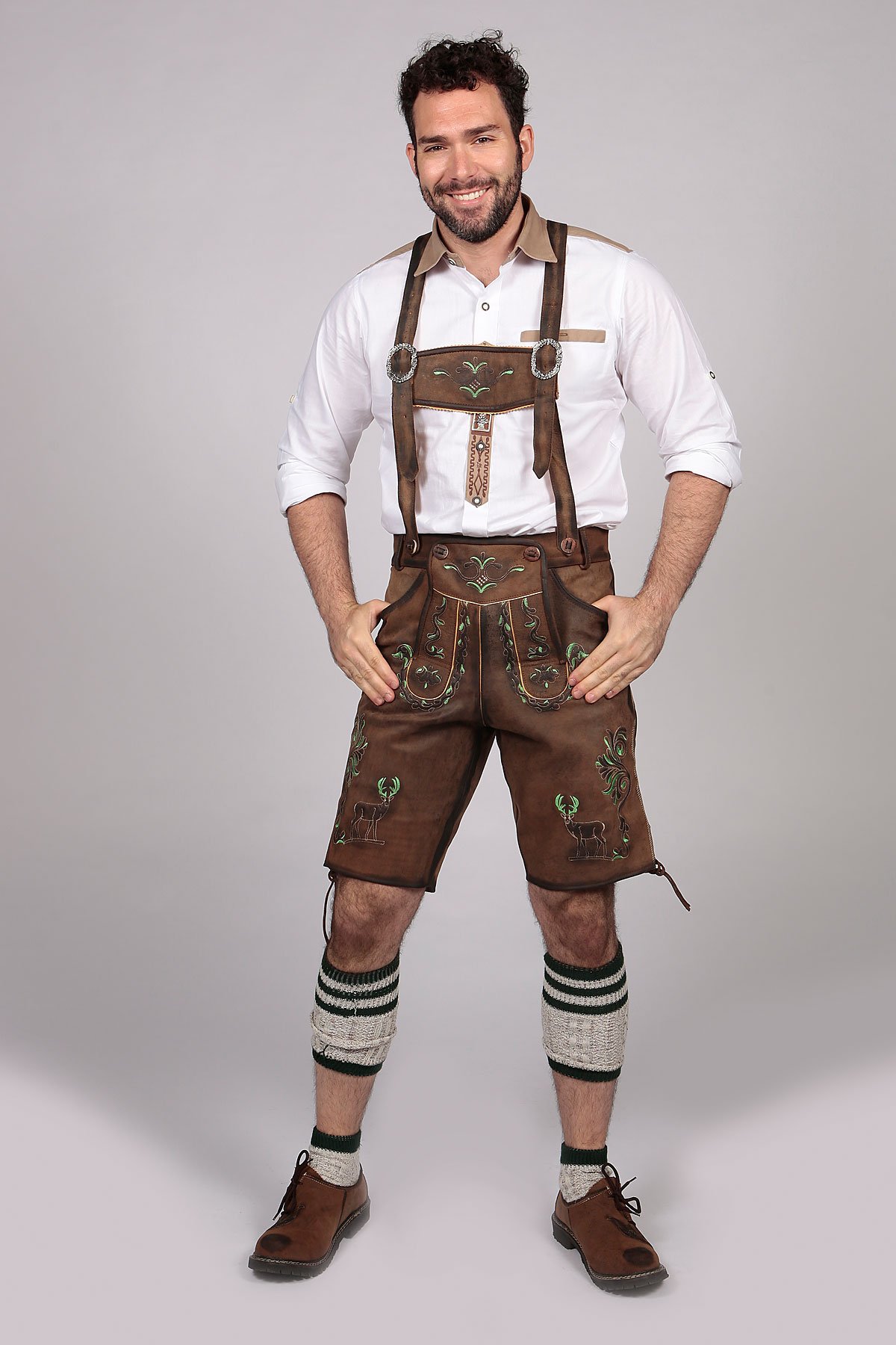 Mens Lederhosen Brown Green Deer Motifs - Image 2