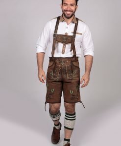 Mens Lederhosen Brown Green Deer Motifs