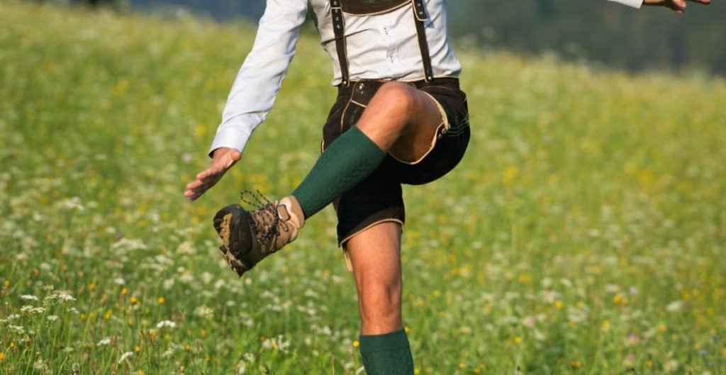 Men Wearing Traditional Lederhosen Calf Socks